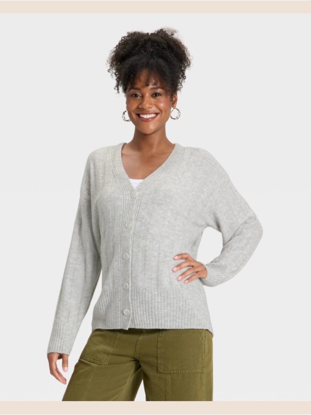 Universal Thread Beige V-Neck Button Front Cardigan Sweater Gray Sz M